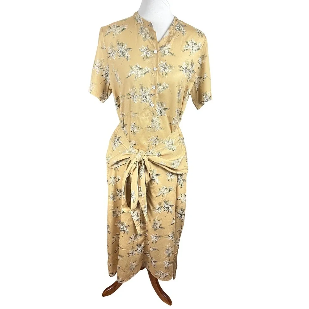 Caara Yellow Floral Tie-Waist Midi Dress Medium Spring Picnic Chic Cottagecore M - Picture 2 of 14